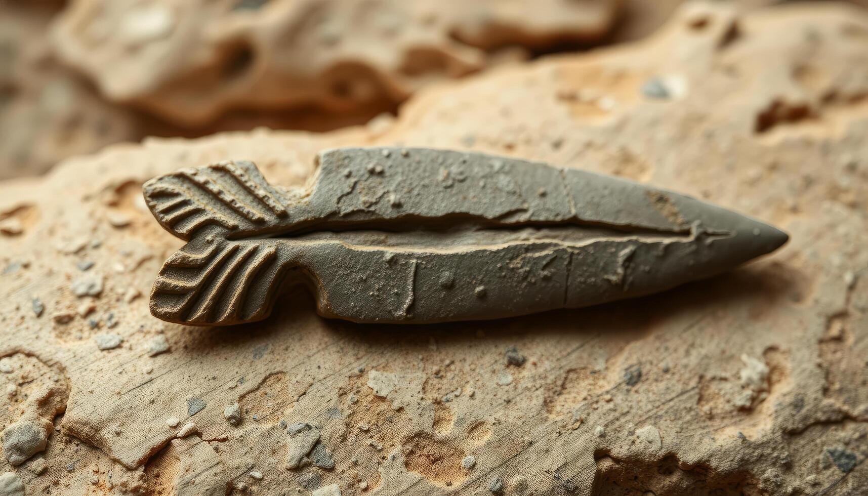 Ancient Gray Stone Arrowhead on Sandy Ground photo