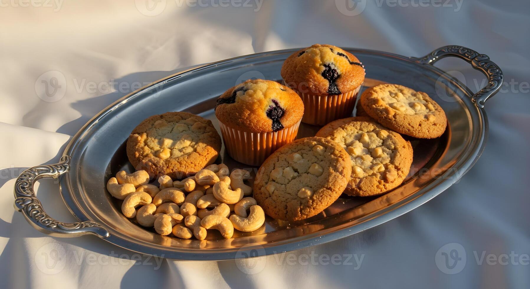 a tray of muffins and cashews on a white cloth photo