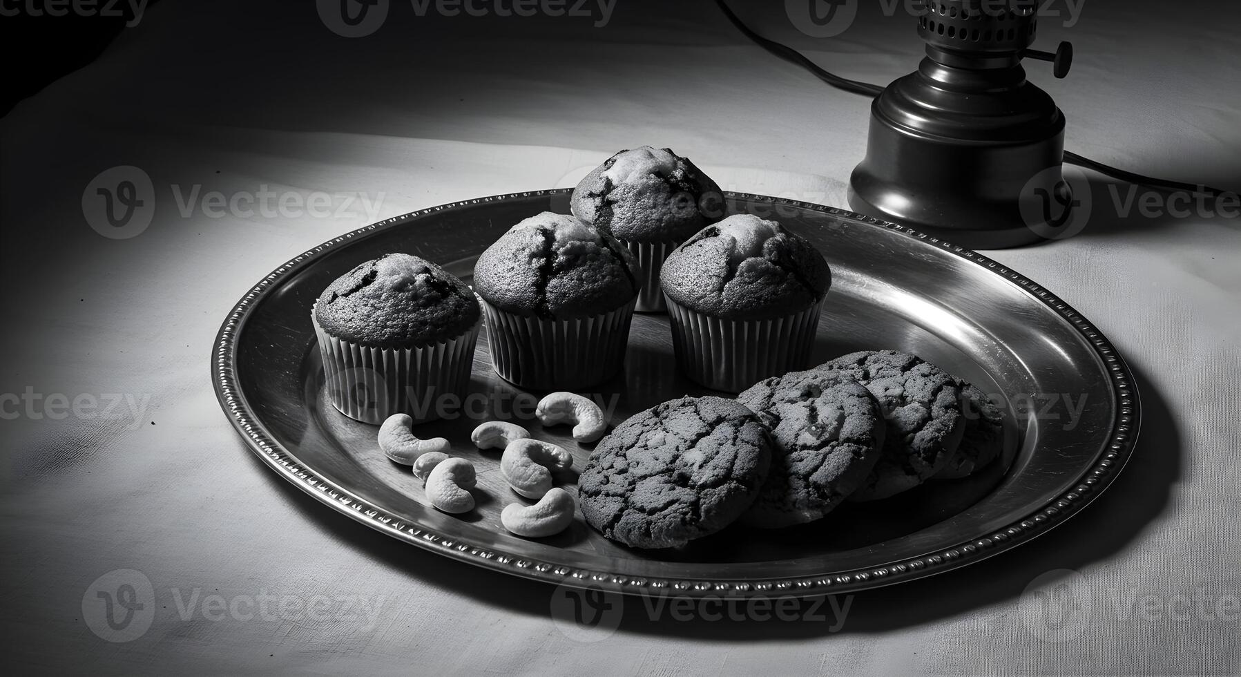 a black and white photo of some cookies and a lamp