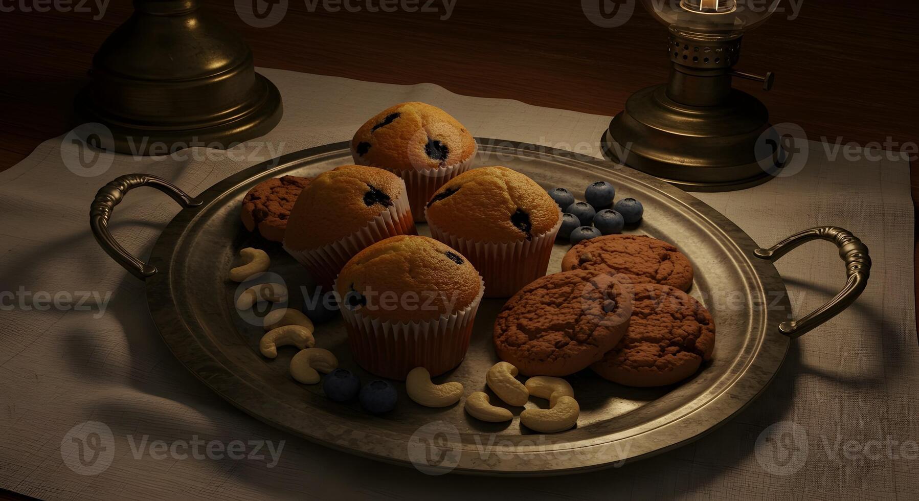a tray of muffins and other food on a table photo