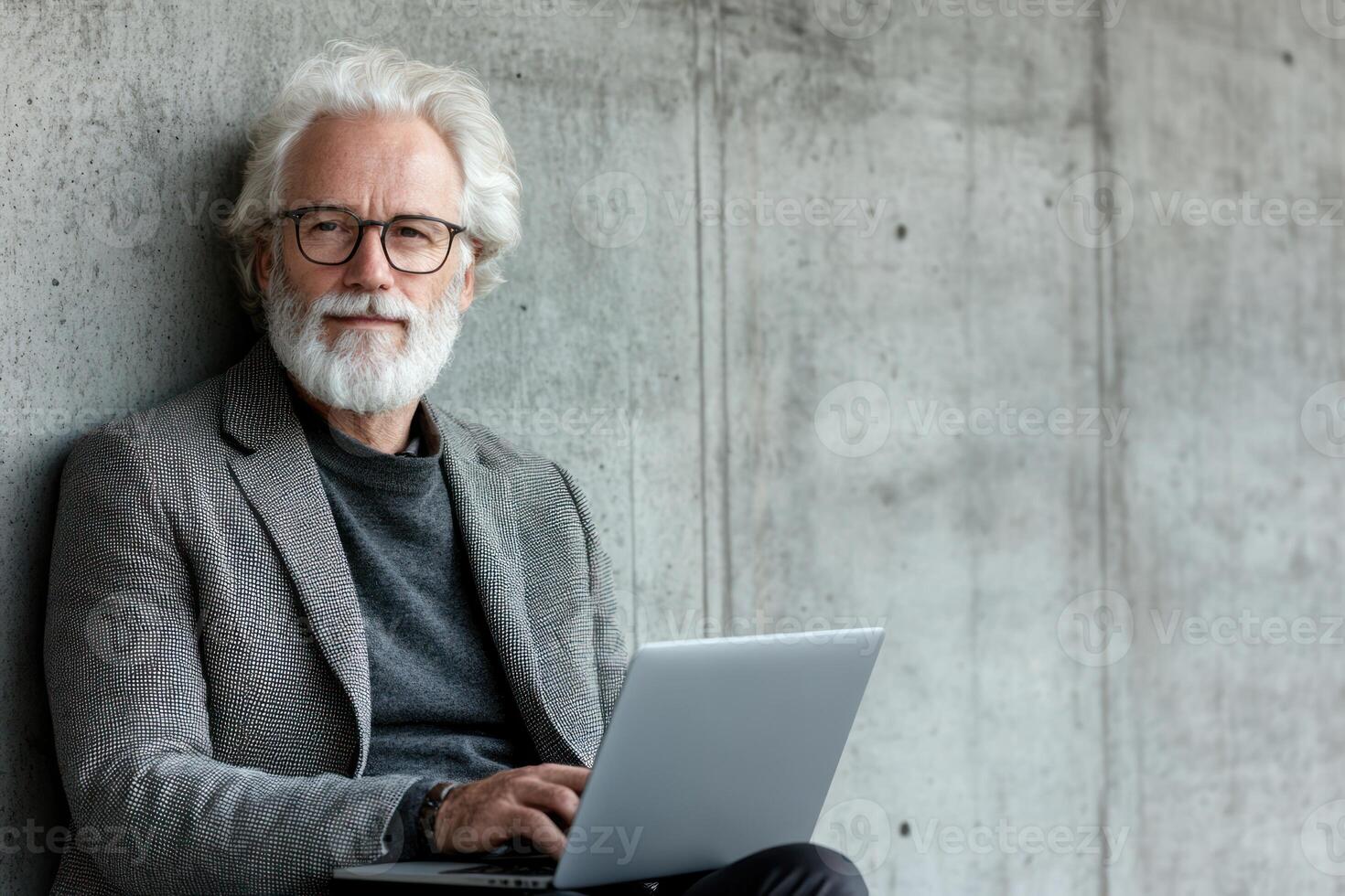 Older man works on laptop while sitting against concrete wall in modern office setting photo