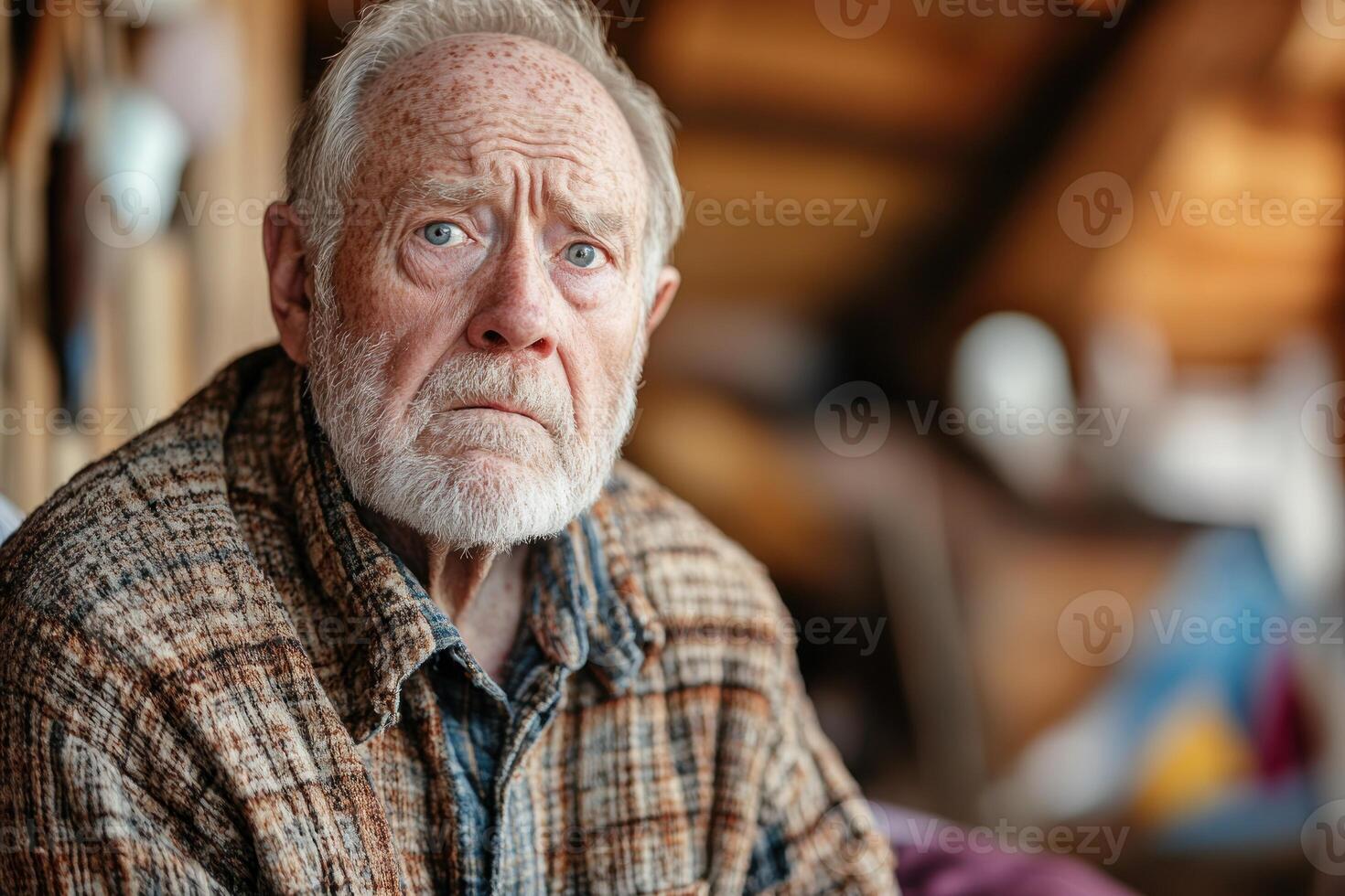 Older man with thoughtful expression sitting indoors in rustic setting during daytime photo