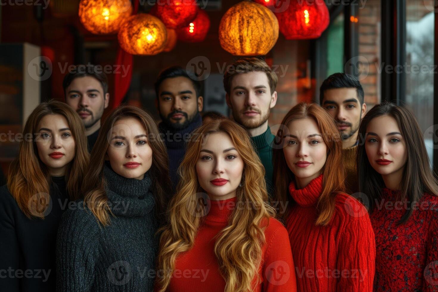 Group of friends poses together in a cozy cafe with colorful lanterns in the background photo