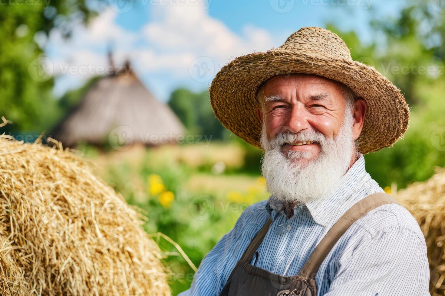 Smiling farmer with straw hat standing by hay bales in a sunny rural landscape photo