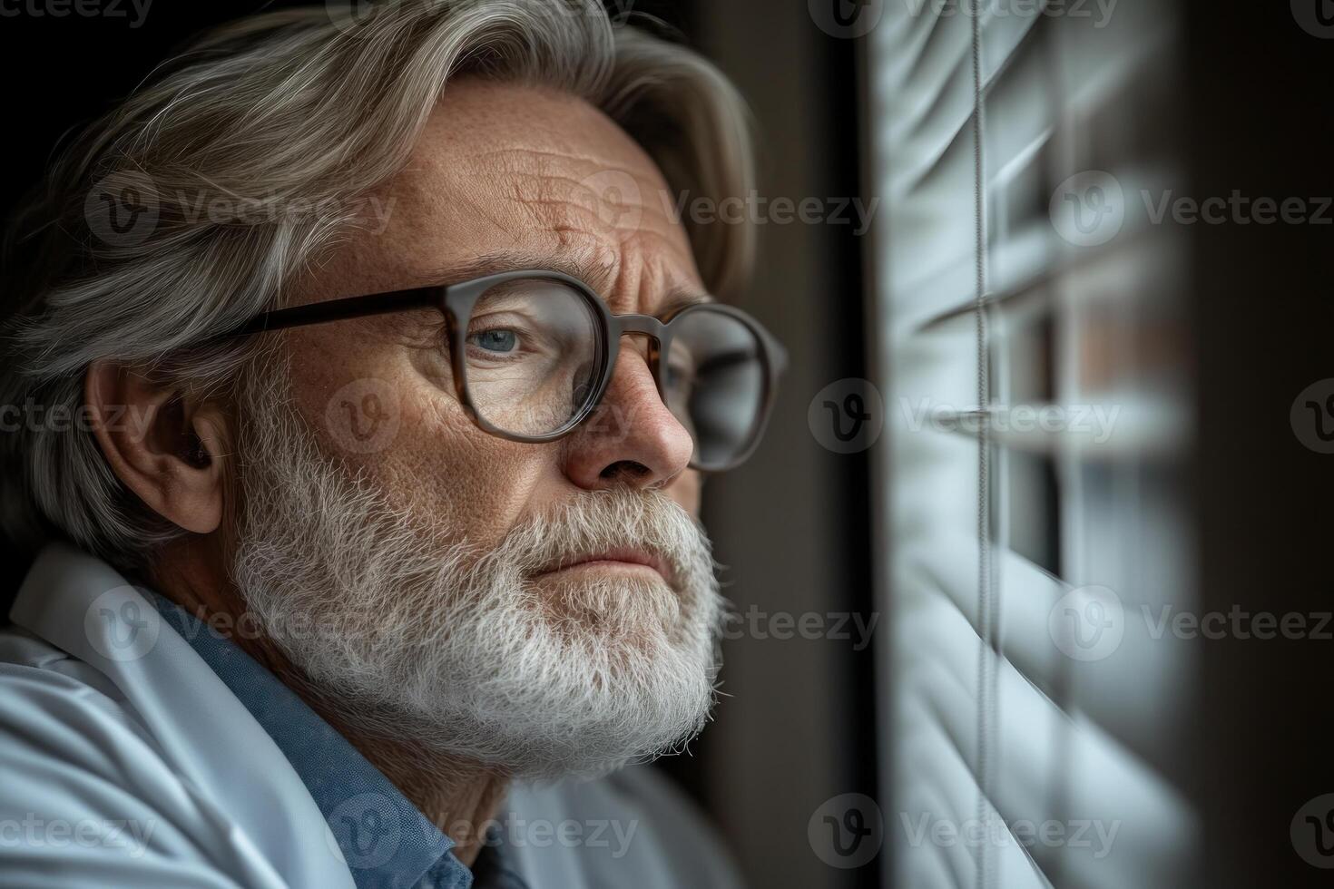 Reflective doctor gazes out the window during a quiet afternoon in the clinic photo