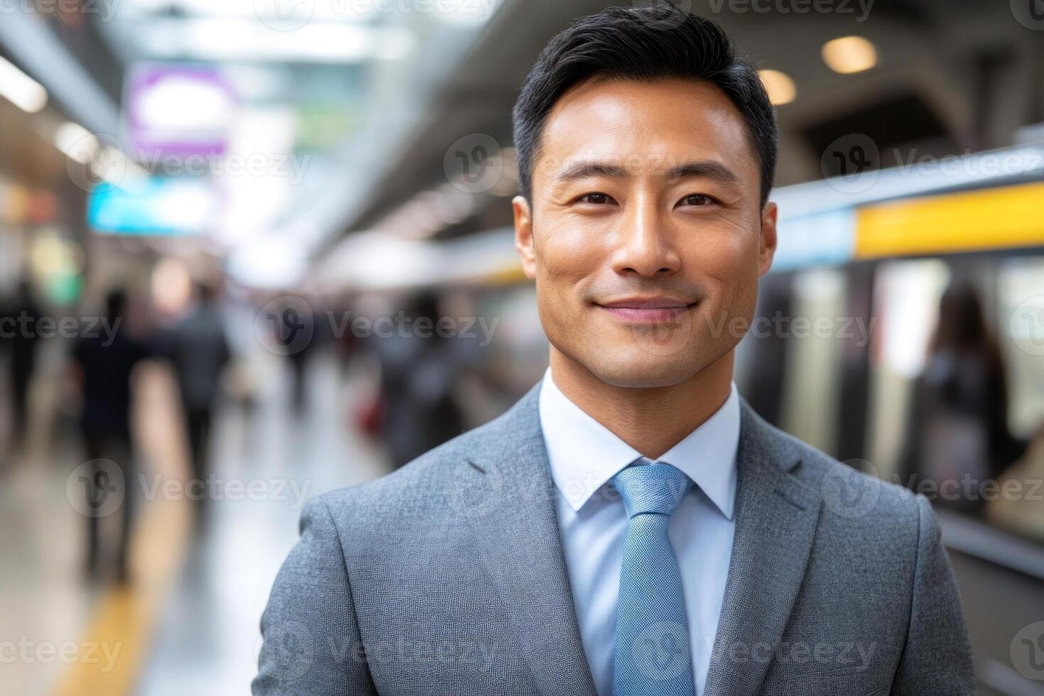 Confident businessman at a busy train station during the morning commute photo