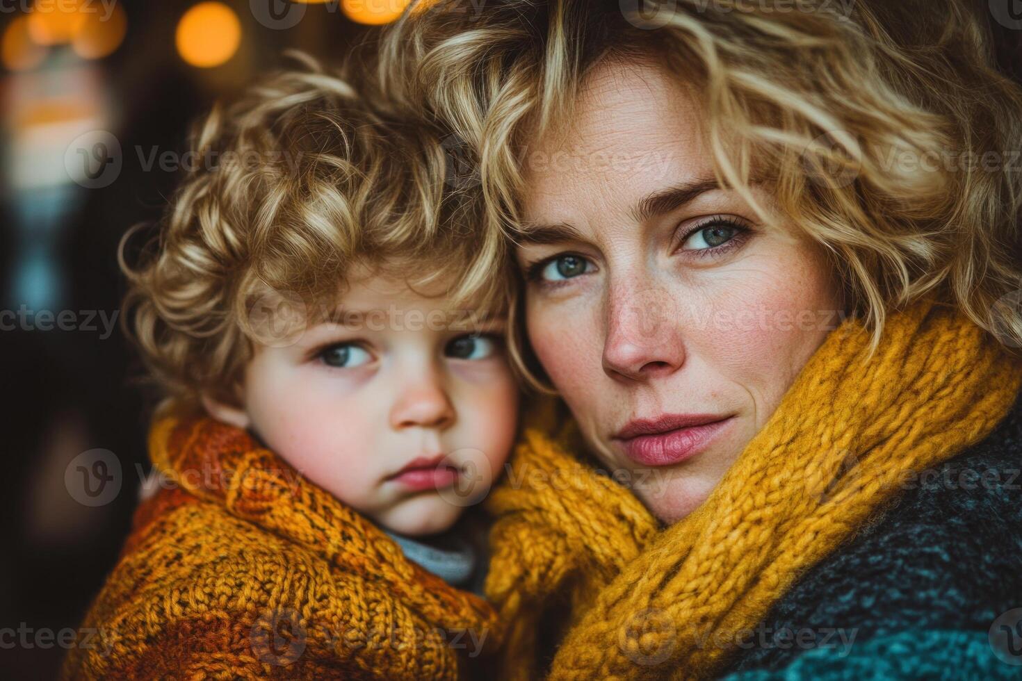 Mother and child share a warm embrace in a cozy setting during a chilly afternoon photo