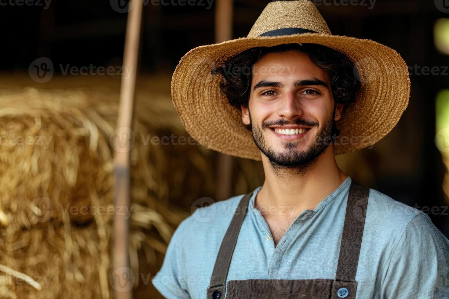 Young farmer smiling in straw hat near hay bales in rustic barn setting during daylight photo