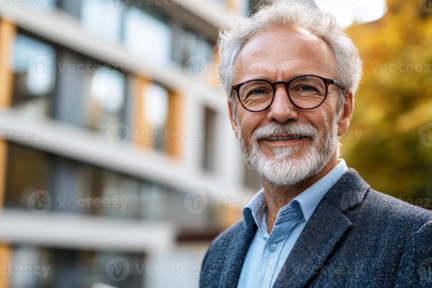 Older man with gray beard and glasses smiling outside modern building in sunny daytime photo