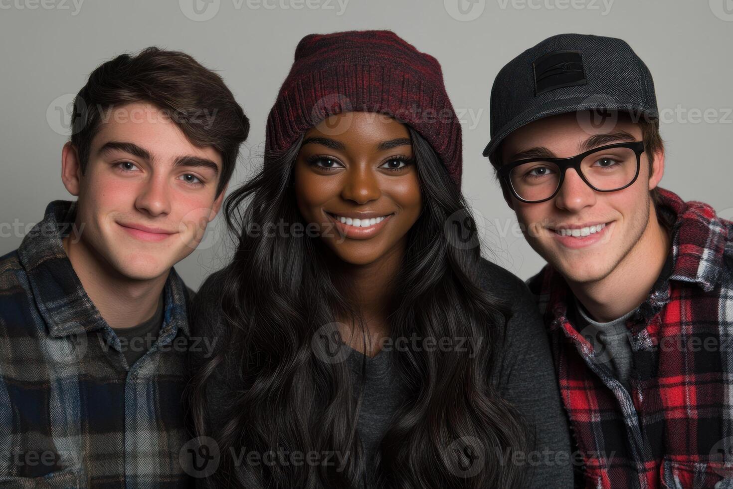 Friends smiling together in casual outfits with warm hats and sweaters in a cozy setting photo