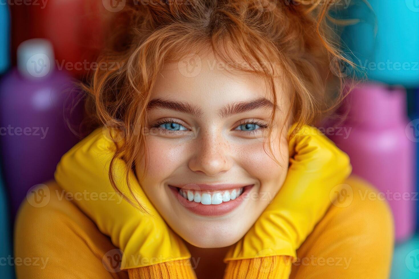 Bright smile of a young woman in a cozy setting with colorful bottles in the background photo