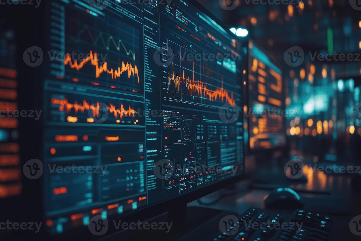 Data analysis workspace with multiple monitor displays and vibrant graphics at night photo