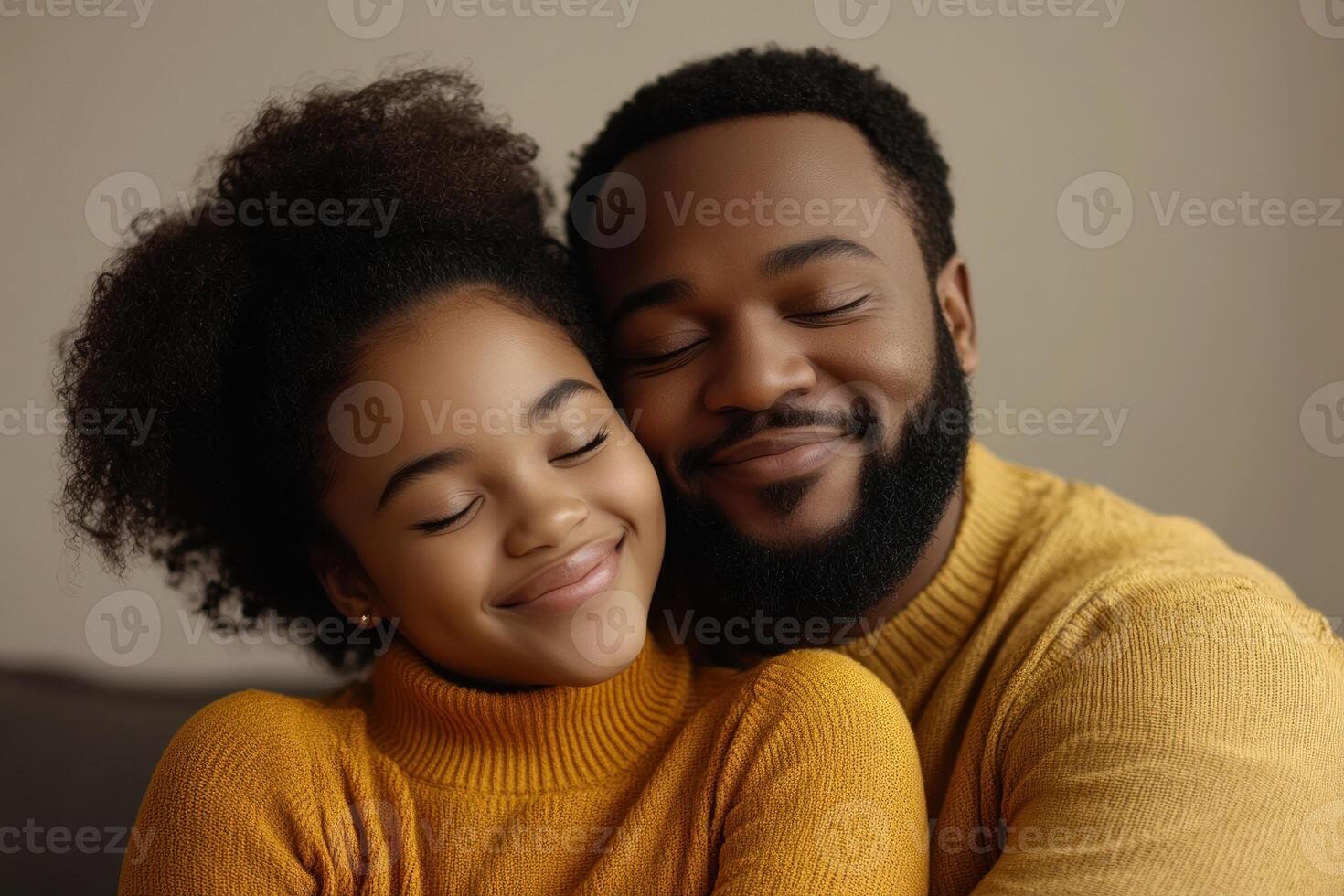 Father and daughter share a warm embrace in cozy sweaters during a joyful moment at home photo