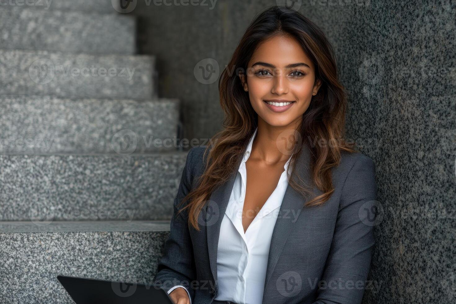 Confident woman in business attire working on laptop while sitting on stairs in urban setting photo