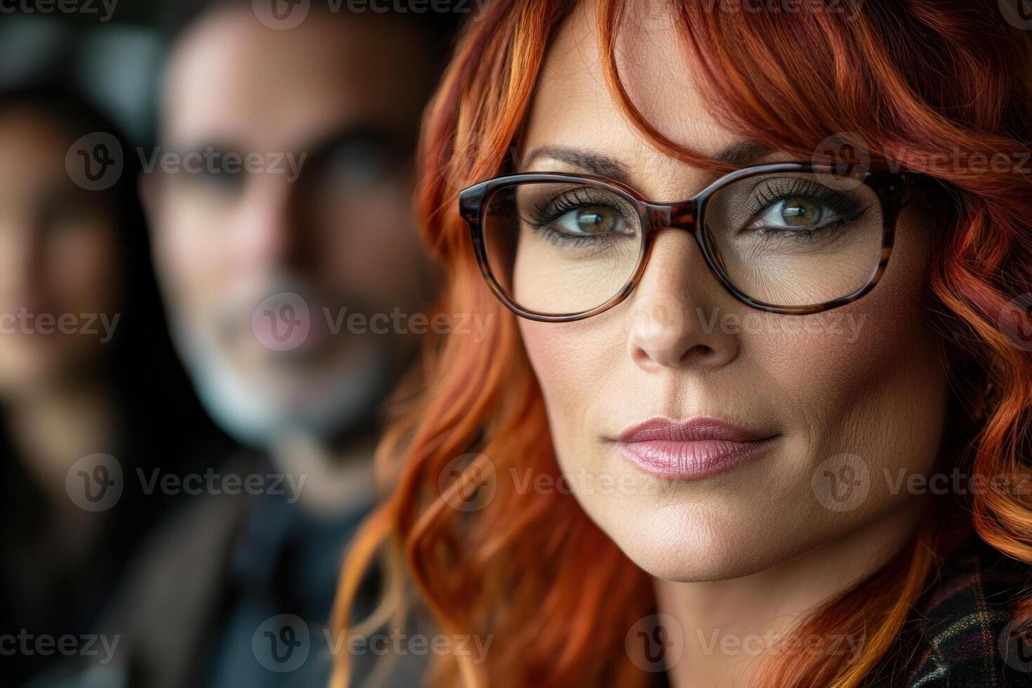 Confident woman with auburn curls and glasses poses stylishly with blurred figures behind her photo
