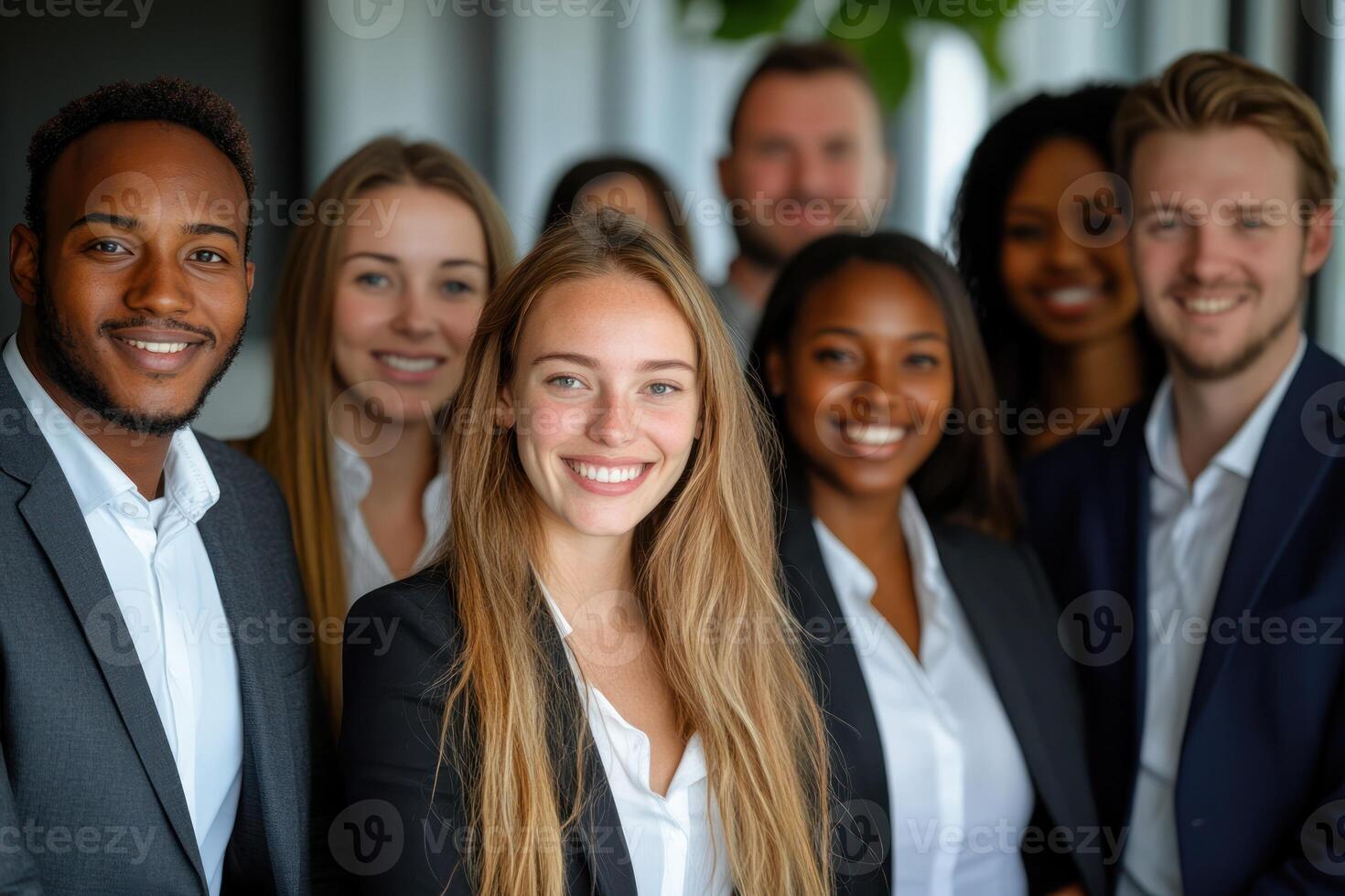 Group of professionals smiling in a modern office setting during daytime photo