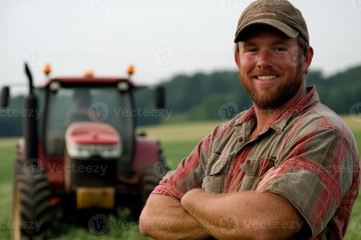 Farmer smiling proudly in a lush field with a tractor in the background during daylight hours photo