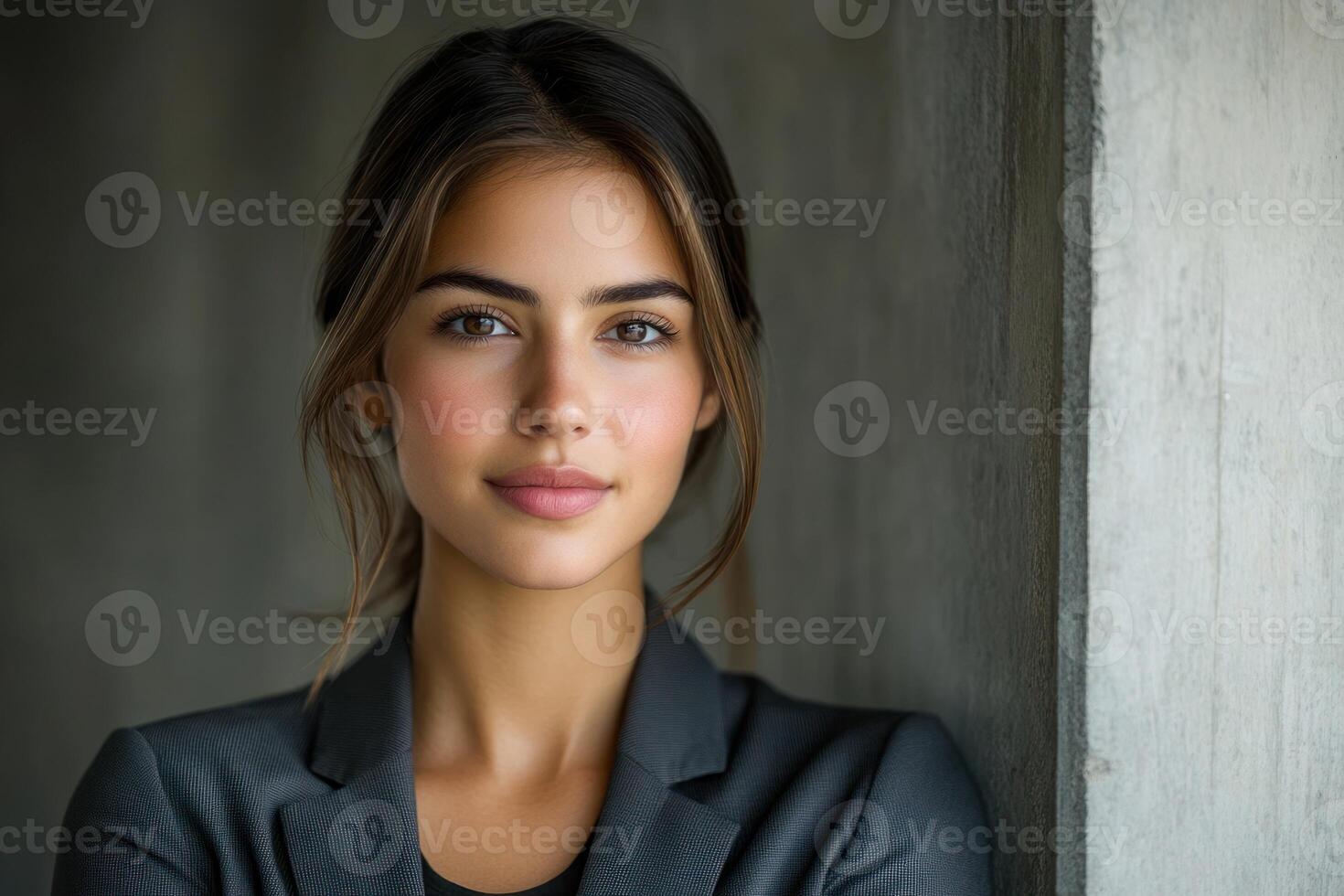 Young woman poses confidently in a modern office setting with a neutral background photo