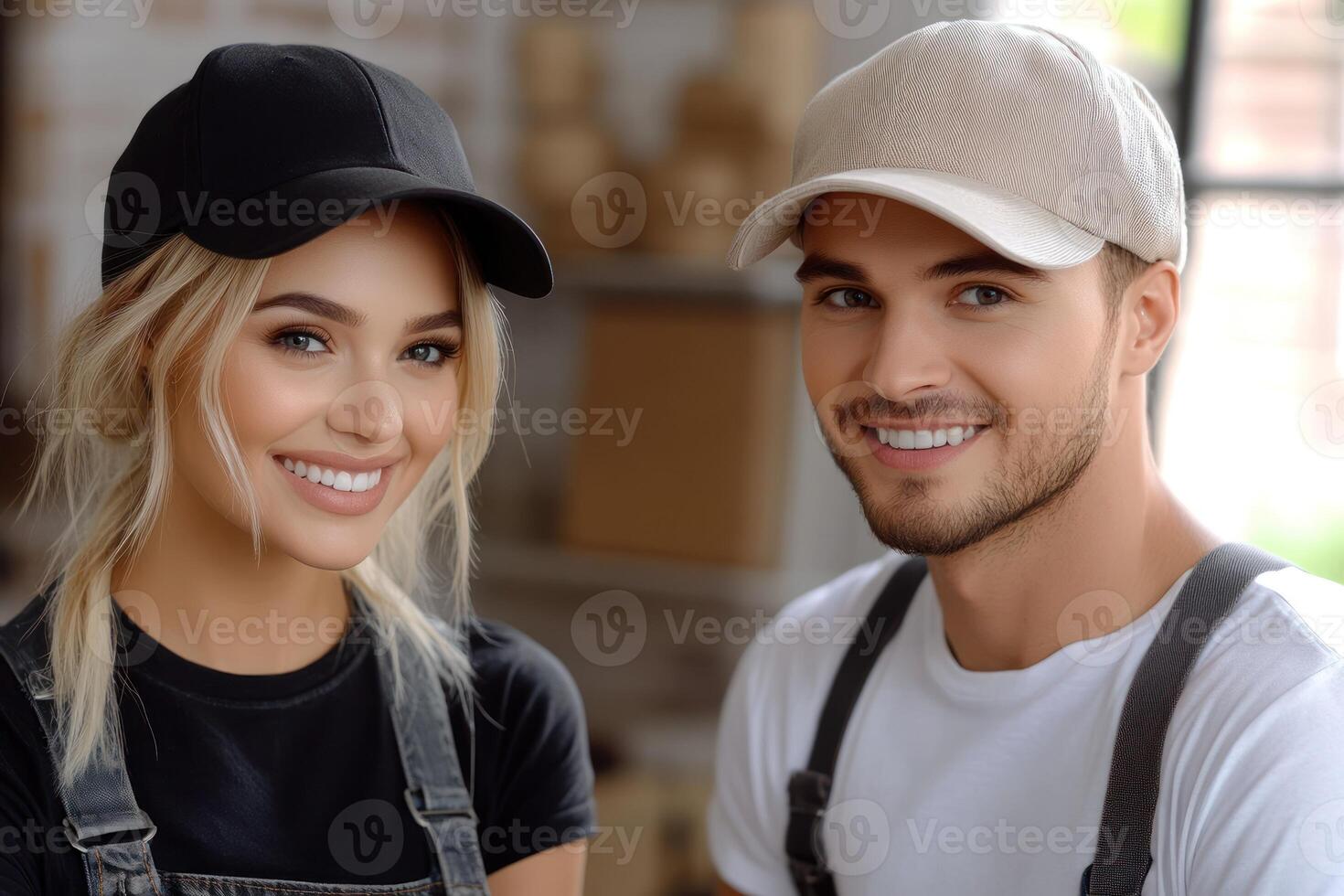Smiling young couple wearing caps at a cozy indoor setting in a relaxed atmosphere photo