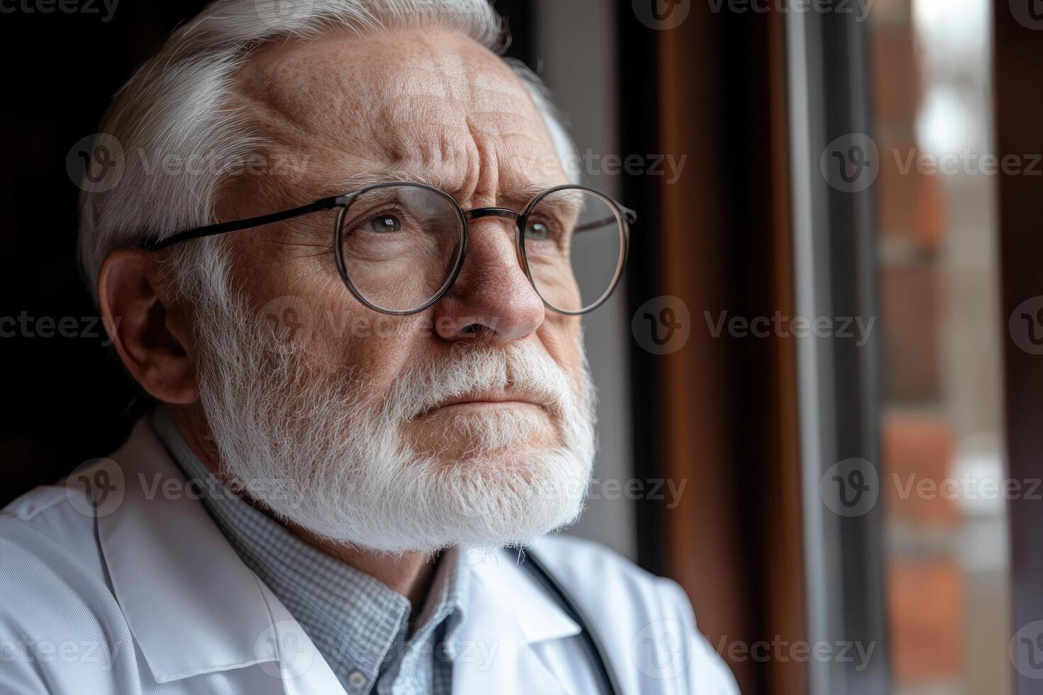 Elderly doctor in thoughtful moment by the window during late afternoon photo