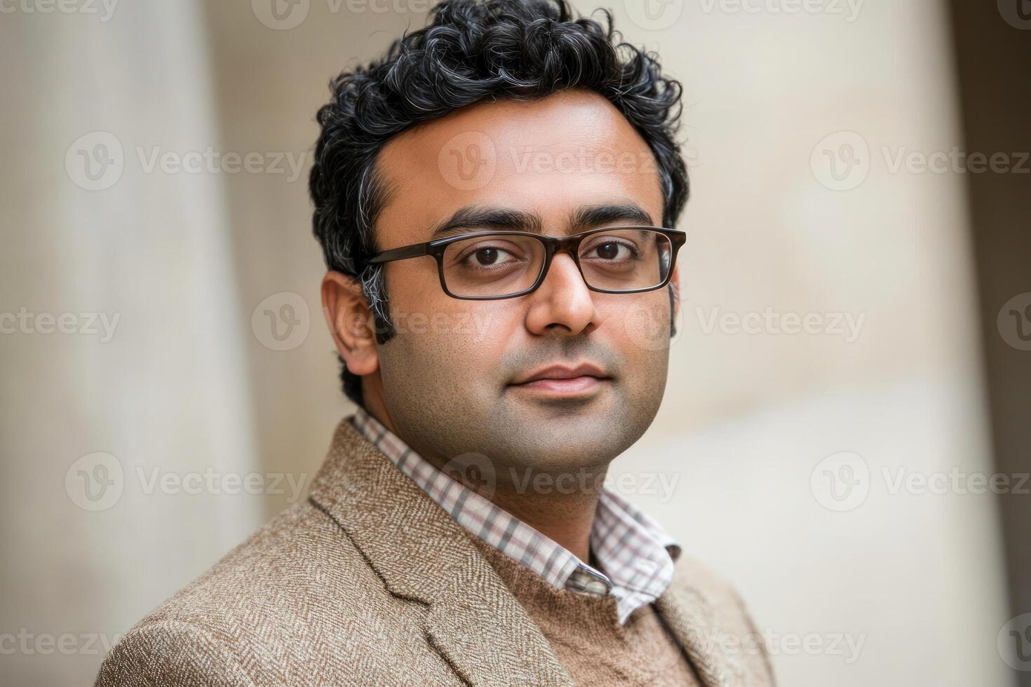 Portrait of a man wearing glasses and a stylish brown jacket outdoors photo