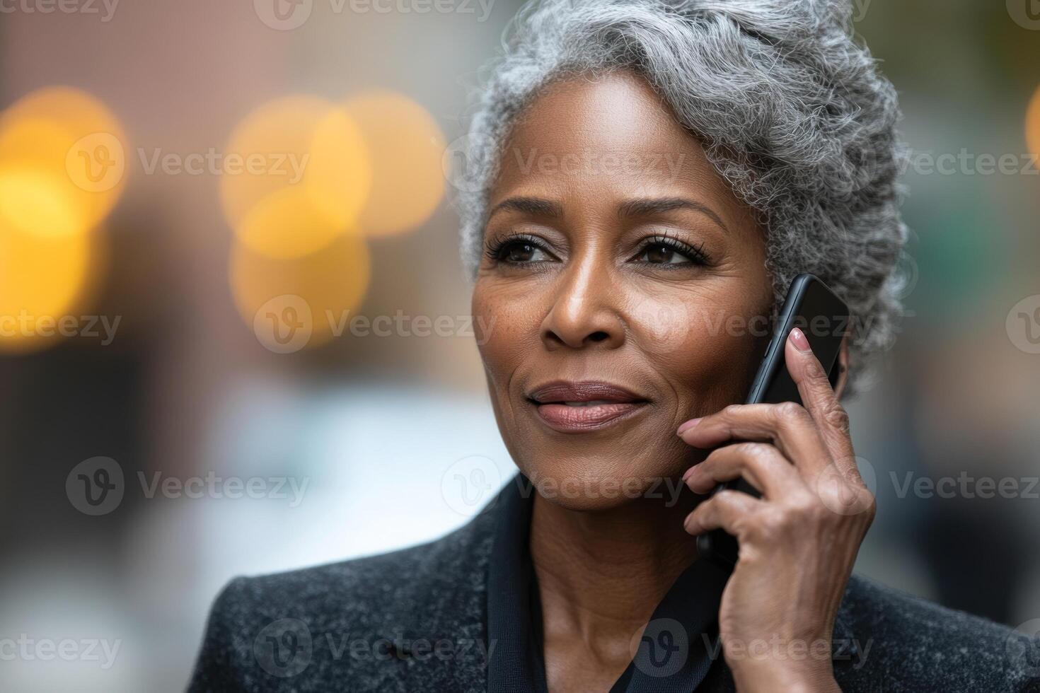 Woman conversing on mobile phone while walking in urban area during the day photo
