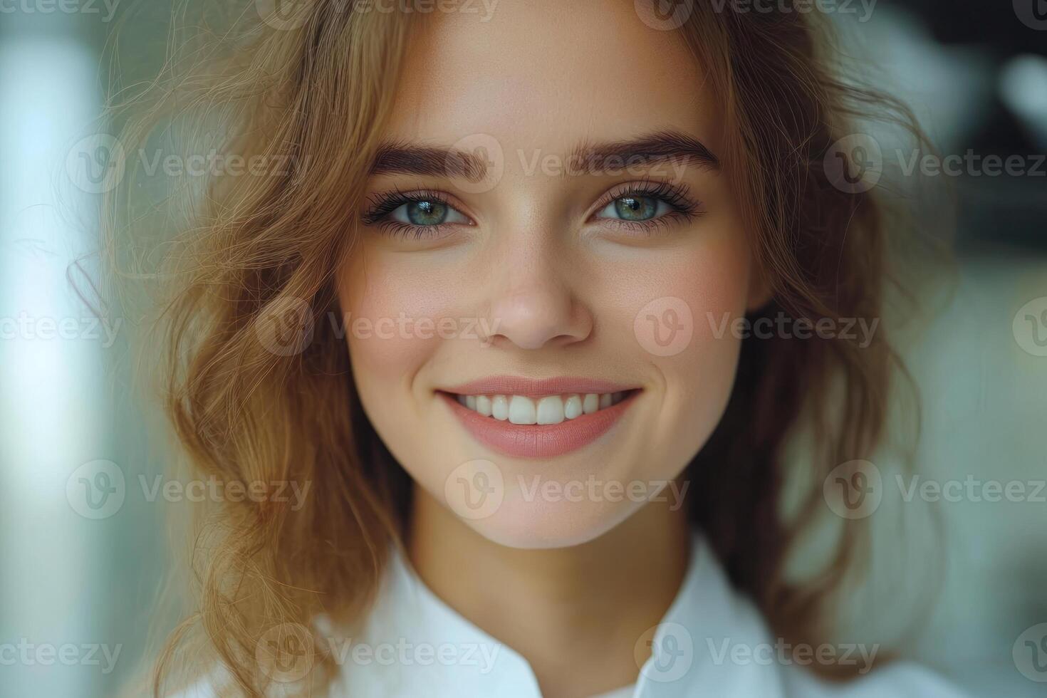 Bright smile of a young woman with blue eyes in a bright indoor setting during daytime photo