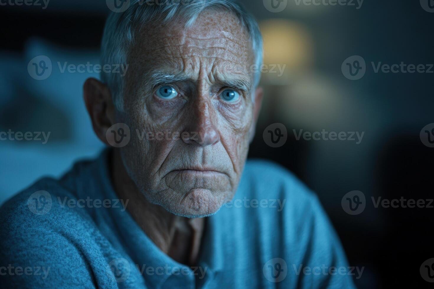 Senior man with intense expression reflecting on life in a dimly lit room during late evening hours photo