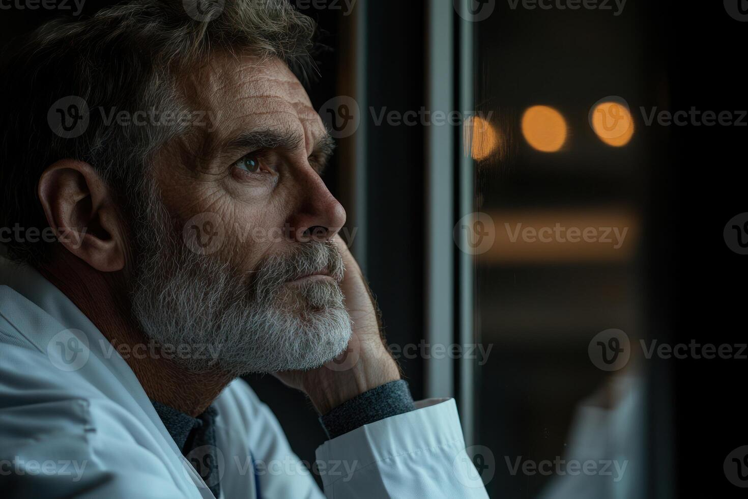 Experienced man in lab coat reflects thoughtfully near window in a dimly lit room photo