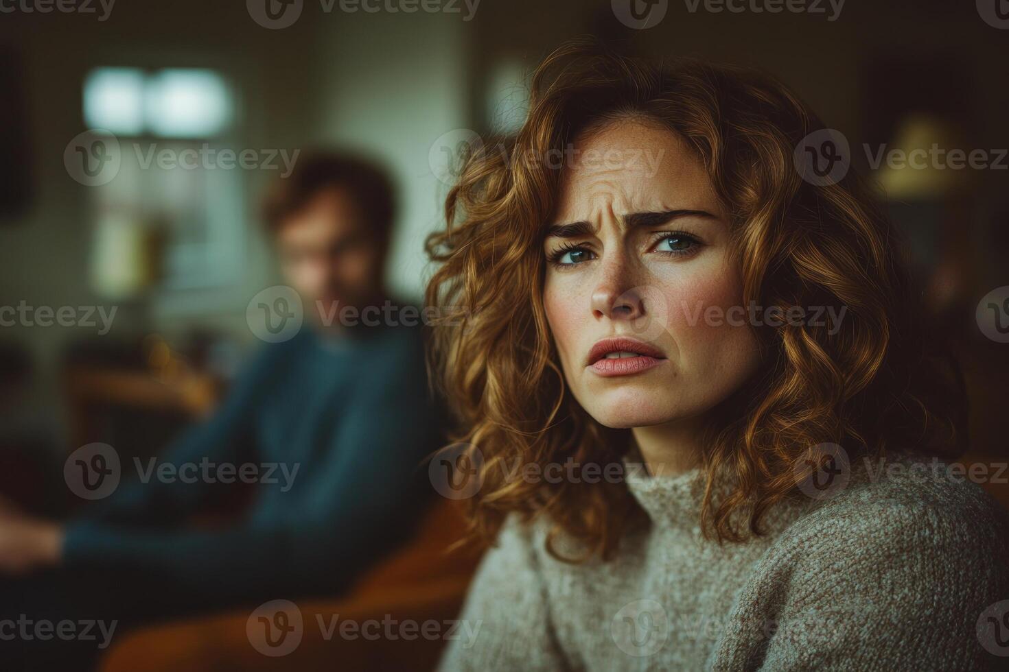 Intense conversation between two individuals in a cozy indoor setting during the late afternoon photo