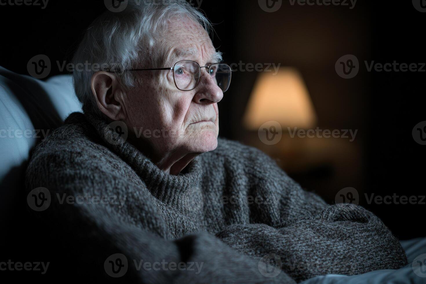 Elderly man in a dimly lit room reflects quietly while seated in an armchair at night photo