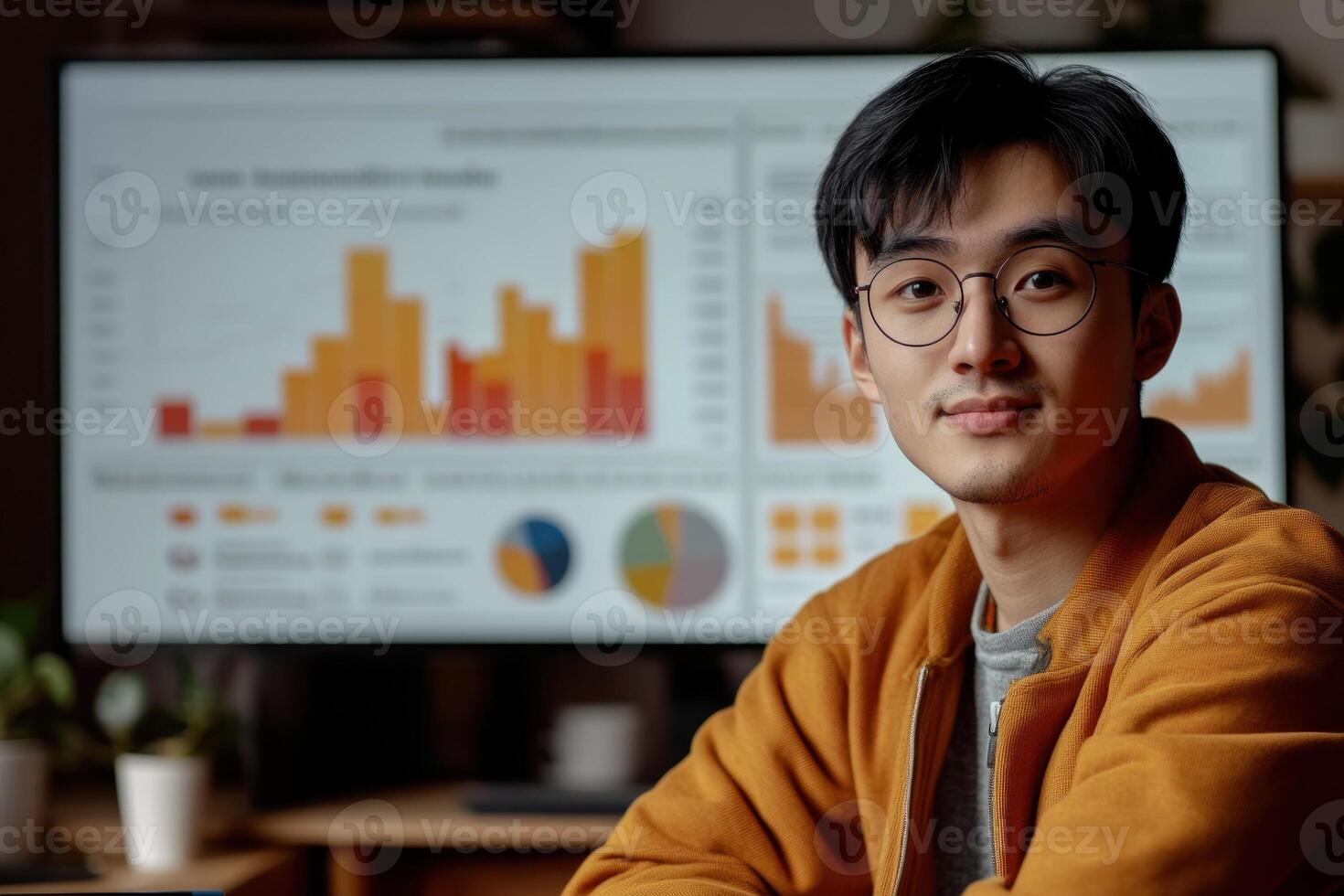 Professional young man analyzing data while working from modern office space in afternoon light photo