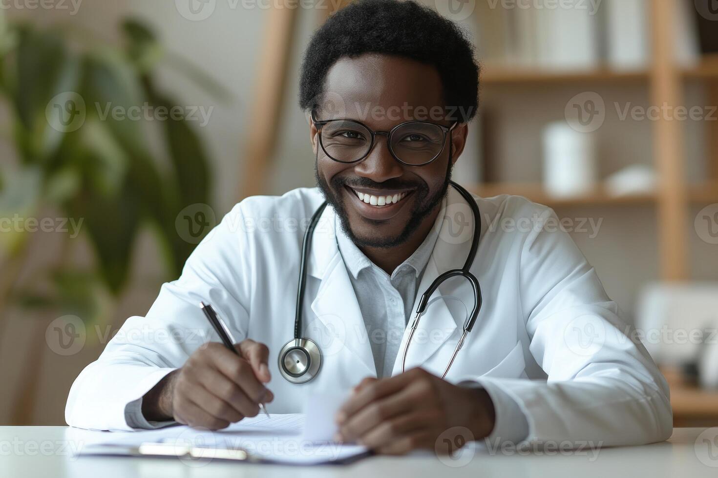 Doctor smiling while taking notes in a bright and modern office environment during daytime photo