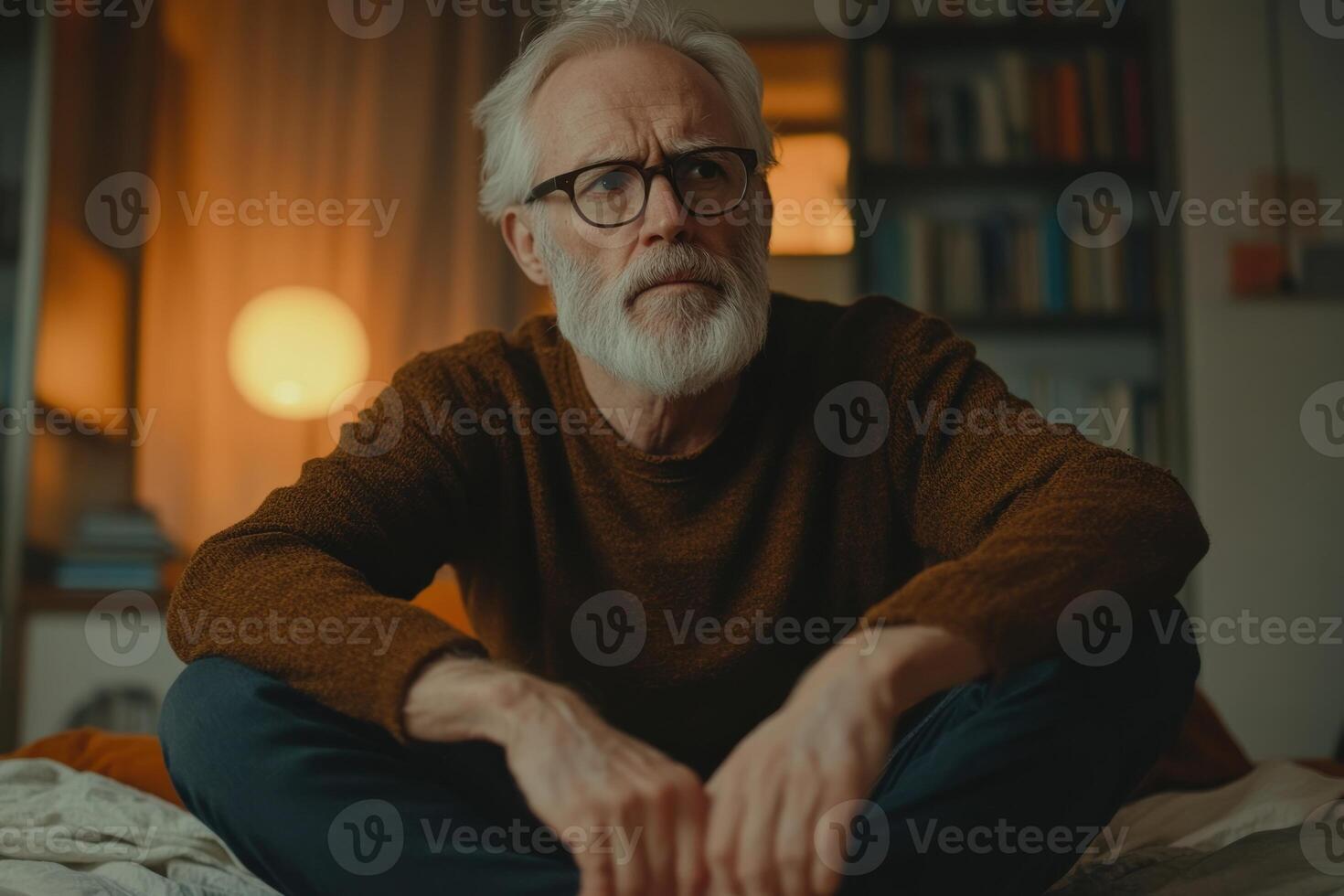 Older man reflects on life while sitting in a cozy room during evening hours photo