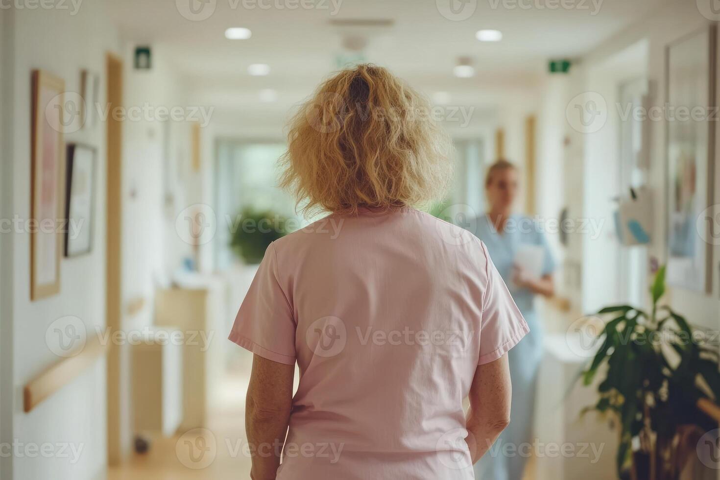 Nurse walking down hospital hallway with another healthcare worker in background taking notes photo