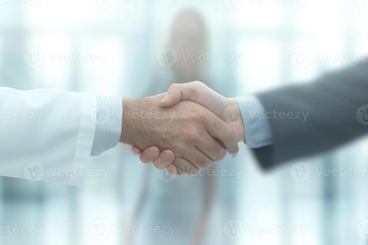Professional handshake between medical and business professionals in a modern office setting photo