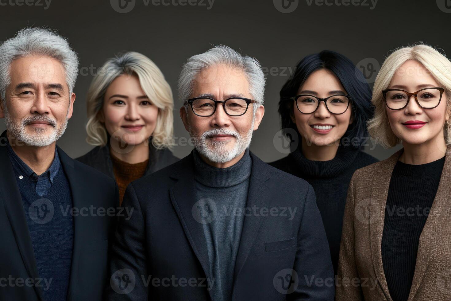 Group of smiling adults posing together with warm expressions in a neutral background photo