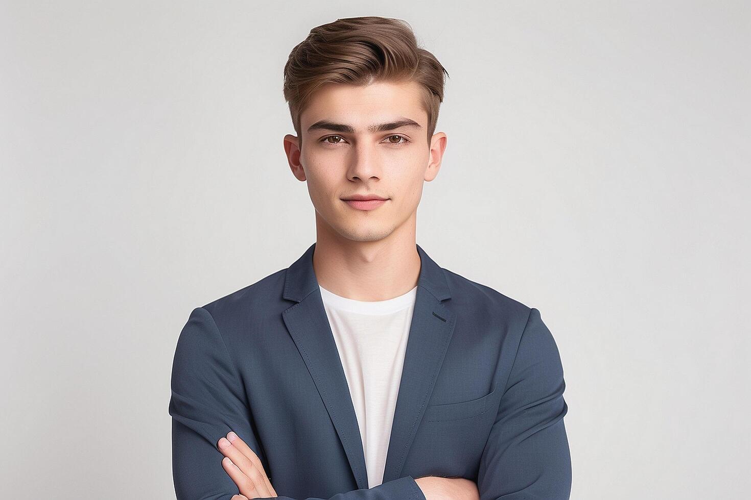 Young man in suit standing with arms crossed photo