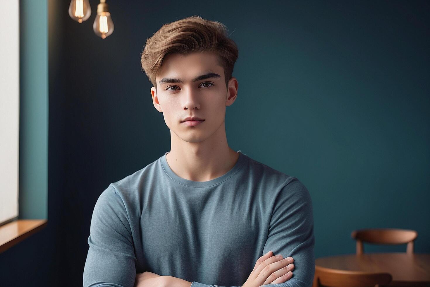 Young man in blue shirt standing in front of table photo