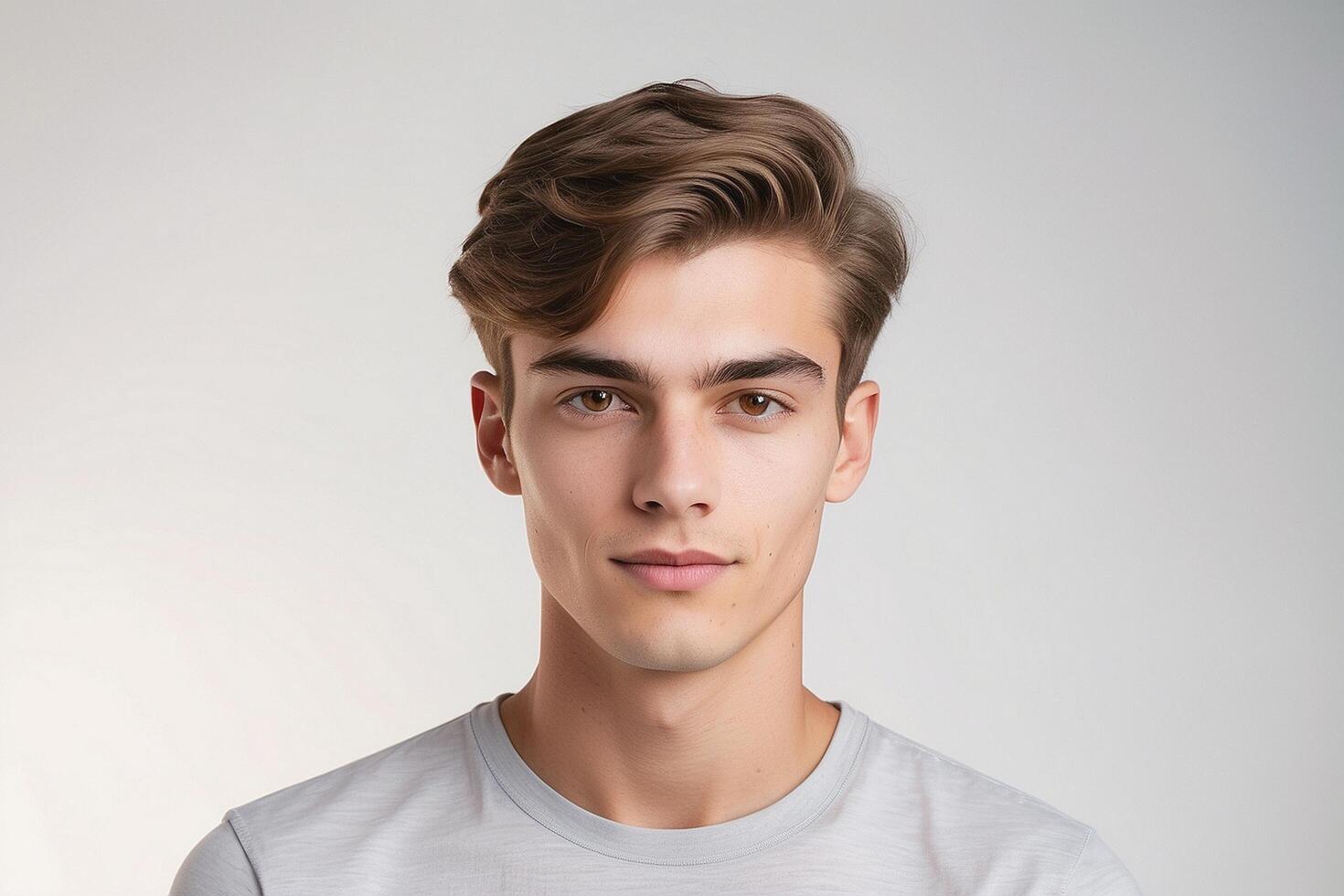 A young man with a short hair and a gray shirt photo