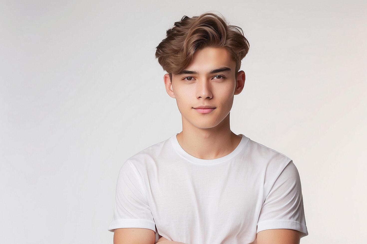 Young man in white t - shirt standing with arms crossed photo