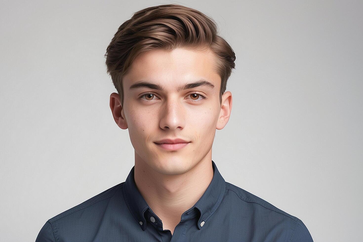 A young man in a blue shirt photo
