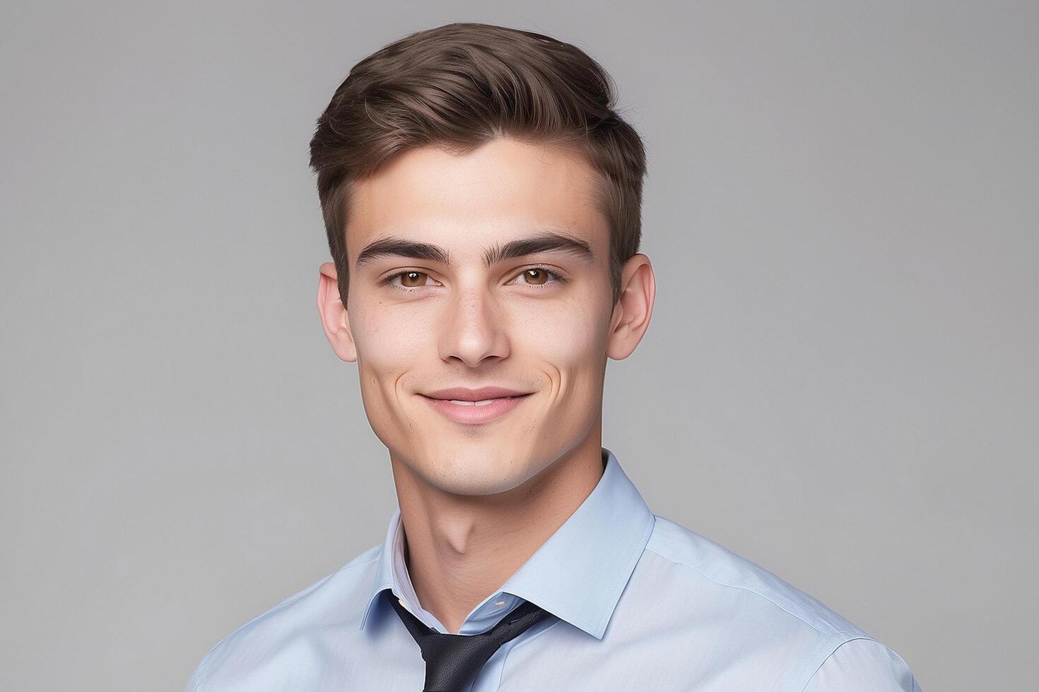 A young man in a blue shirt and tie photo