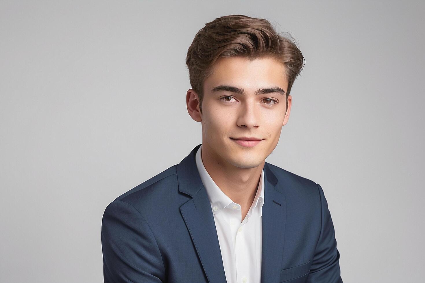 Young man in suit posing for portrait on gray background photo