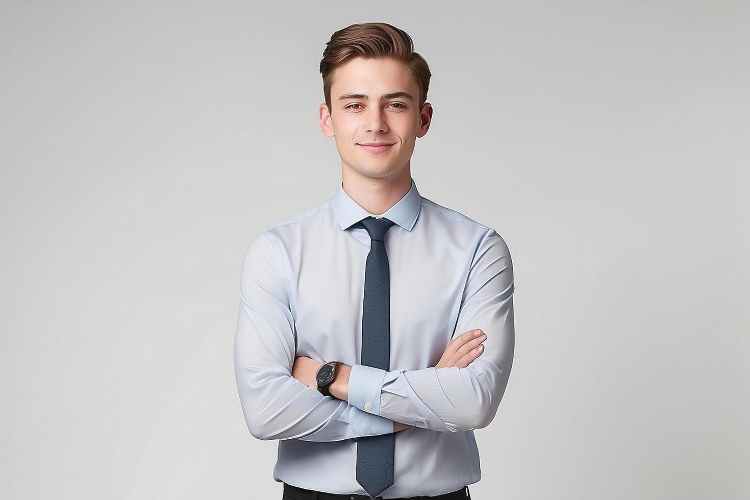 A young man in a shirt and tie standing with his arms crossed photo