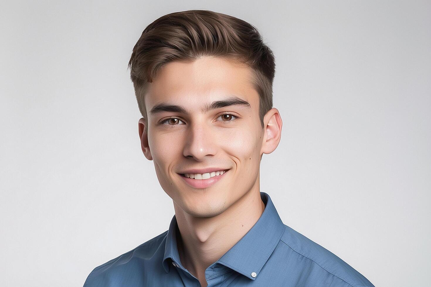 A young man in a blue shirt smiling photo