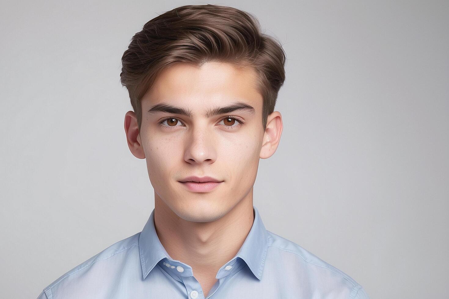 A young man in a blue shirt looking at the camera photo