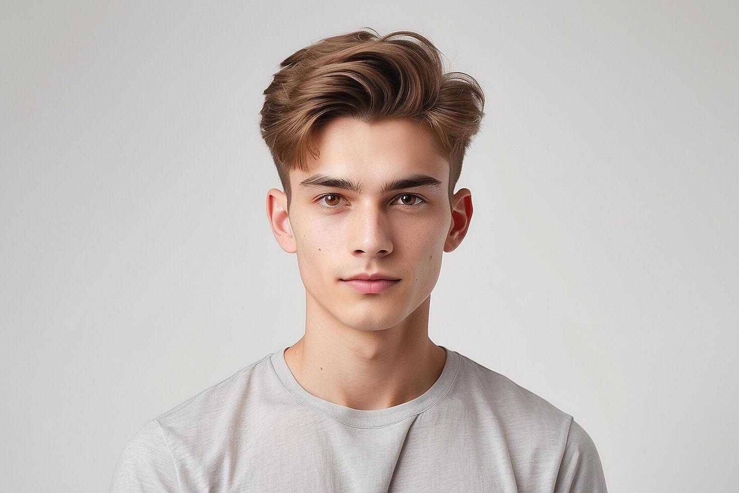A young man with a short hair and a grey shirt photo