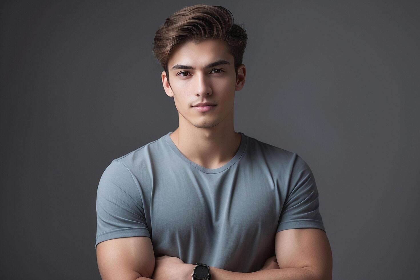 Young man in a gray t - shirt standing with his arms crossed photo