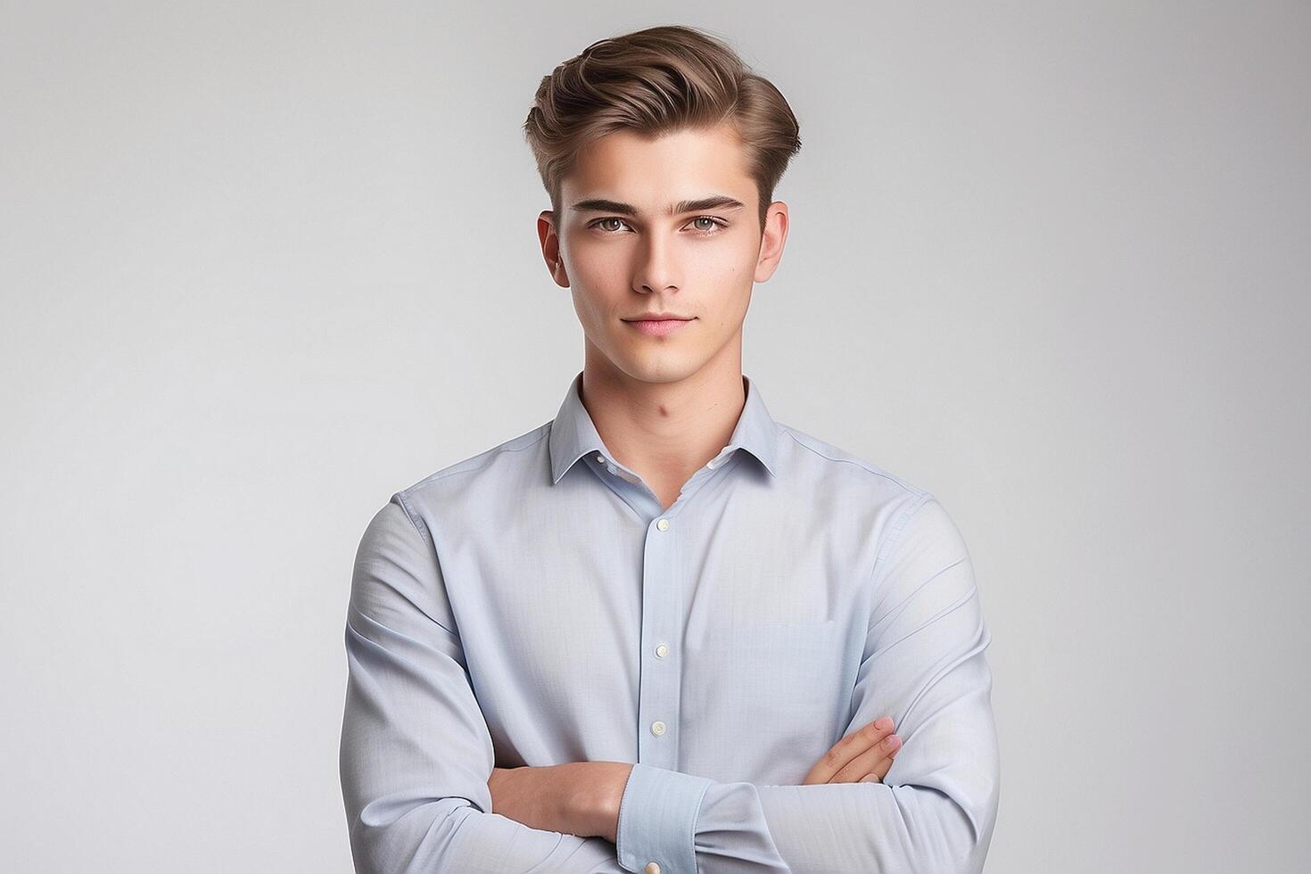 Young man in blue shirt standing with arms crossed photo
